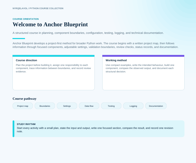 A digital course outline graphic titled 'Welcome to Anchor Blueprint' for a Python course collection. The design features a light blue and white layout with purple accents, outlining sections such as course orientation, course direction, working method, course pathway, and study rhythm.