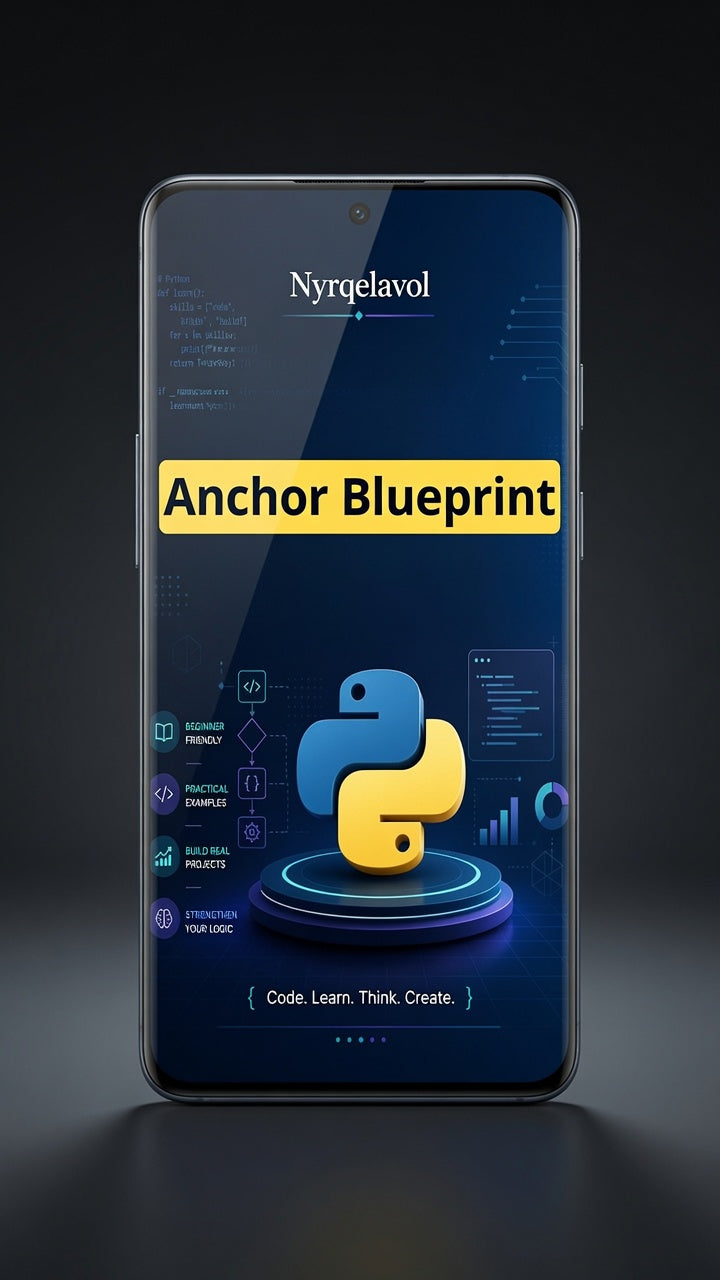 A smartphone centered on a dark studio background, displaying a digital course or app interface titled 'Anchor Blueprint' with the Nyrqelavol name at the top and a large Python logo in the center.