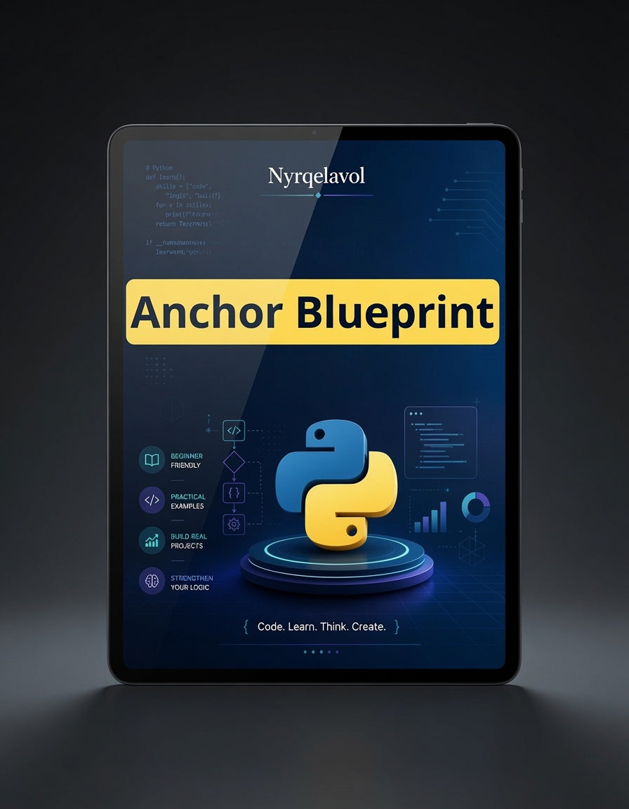A tablet device displaying a digital cover titled 'Anchor Blueprint' with the Python logo and the name Nyrqelavol, shown against a dark studio background.