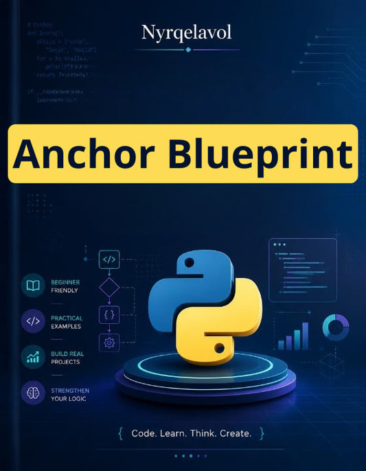 A book cover for 'Anchor Blueprint' by Nyrqelavol, featuring a dark blue digital background with the Python logo in the center and a yellow title banner.