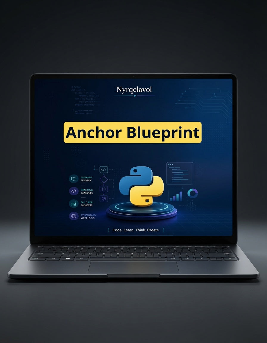 An open laptop on a dark studio background displaying a Python-themed course or dashboard titled 'Anchor Blueprint' with the Nyqelavol name at the top of the screen.