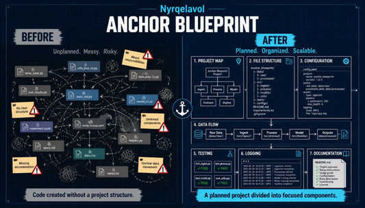 A dark navy graphic titled 'ANCHOR BLUEPRINT' comparing a messy, unplanned code state labeled 'BEFORE' with an organized, scalable project structure labeled 'AFTER'. The design uses white, light blue, yellow, and orange accents to highlight key sections like project map, file structure, configuration, data flow, testing, logging, and documentation, with a small anchor icon below the title.