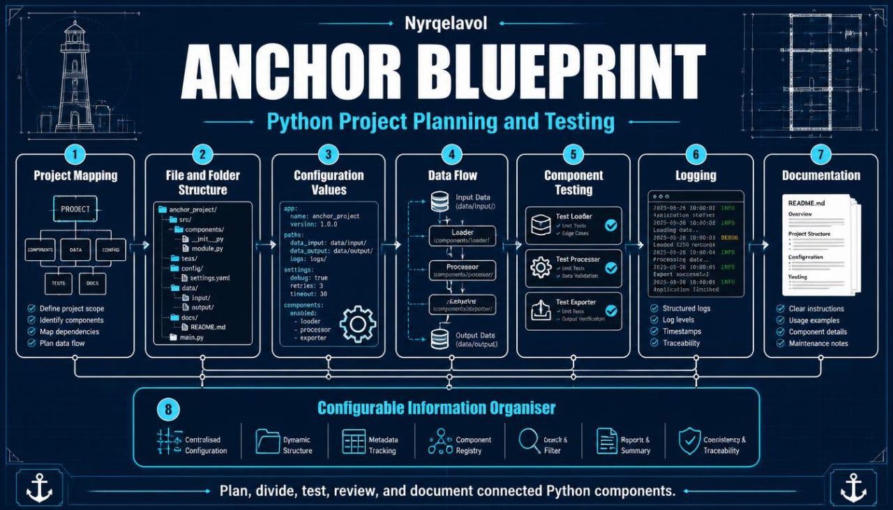 An infographic-style cover for a Python project planning and testing guide titled 'ANCHOR BLUEPRINT' by Nyrcqelavol. The design uses a dark navy blueprint background with white title text, blue technical line drawings, and multiple labeled panels showing workflow steps from project mapping to documentation.