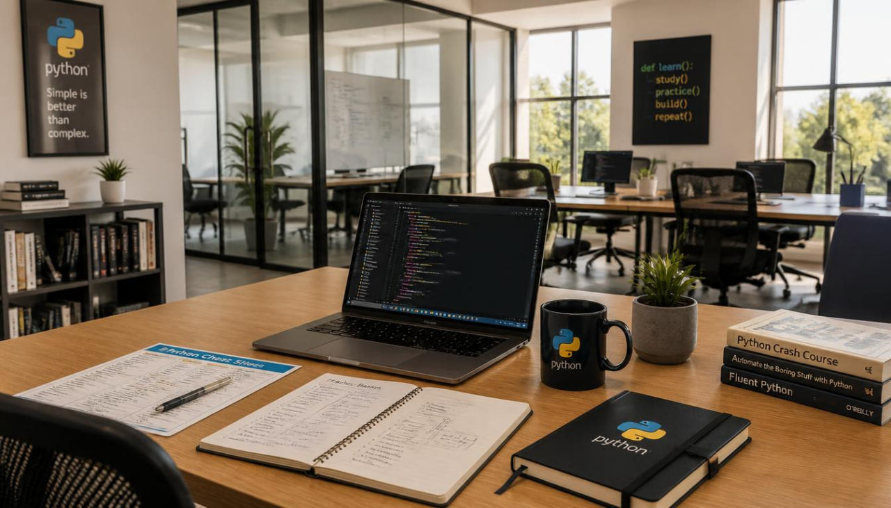 A wooden desk in a modern office setup with a laptop, notebook, mugs, and books featuring the Python logo. The background shows a glass-walled office space with more desks and computers.