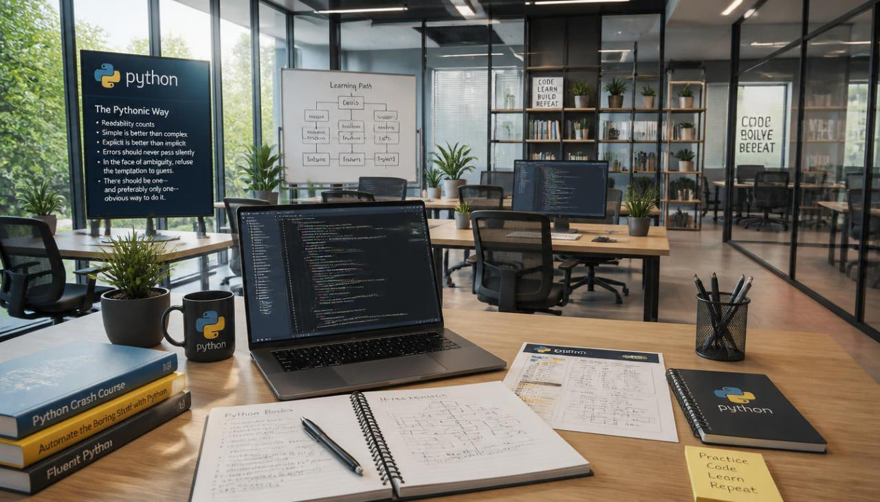 A wooden desk in a modern office setup with a laptop showing Python code, notebooks, a black mug with the Python logo, and a Python learning poster on the wall. The scene is styled as a professional workspace with glass walls and bookshelves in the background.