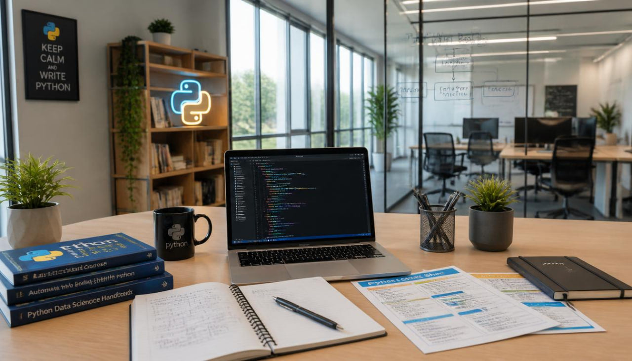 A modern office desk setup featuring a laptop with Python code, a stack of Python textbooks, notebooks, a black mug, and small potted plants. In the background, a glass-walled office space with other workstations is visible, along with a framed 'Keep Calm & Write Python' sign on the wall.