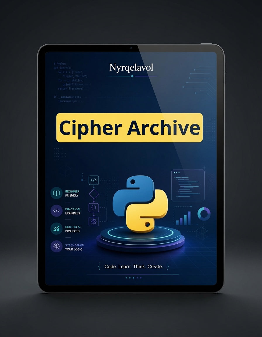 A tablet device displaying a digital cover titled 'Cipher Archive' with a Python logo and the name Nyrqelavol at the top, shown against a dark studio background.