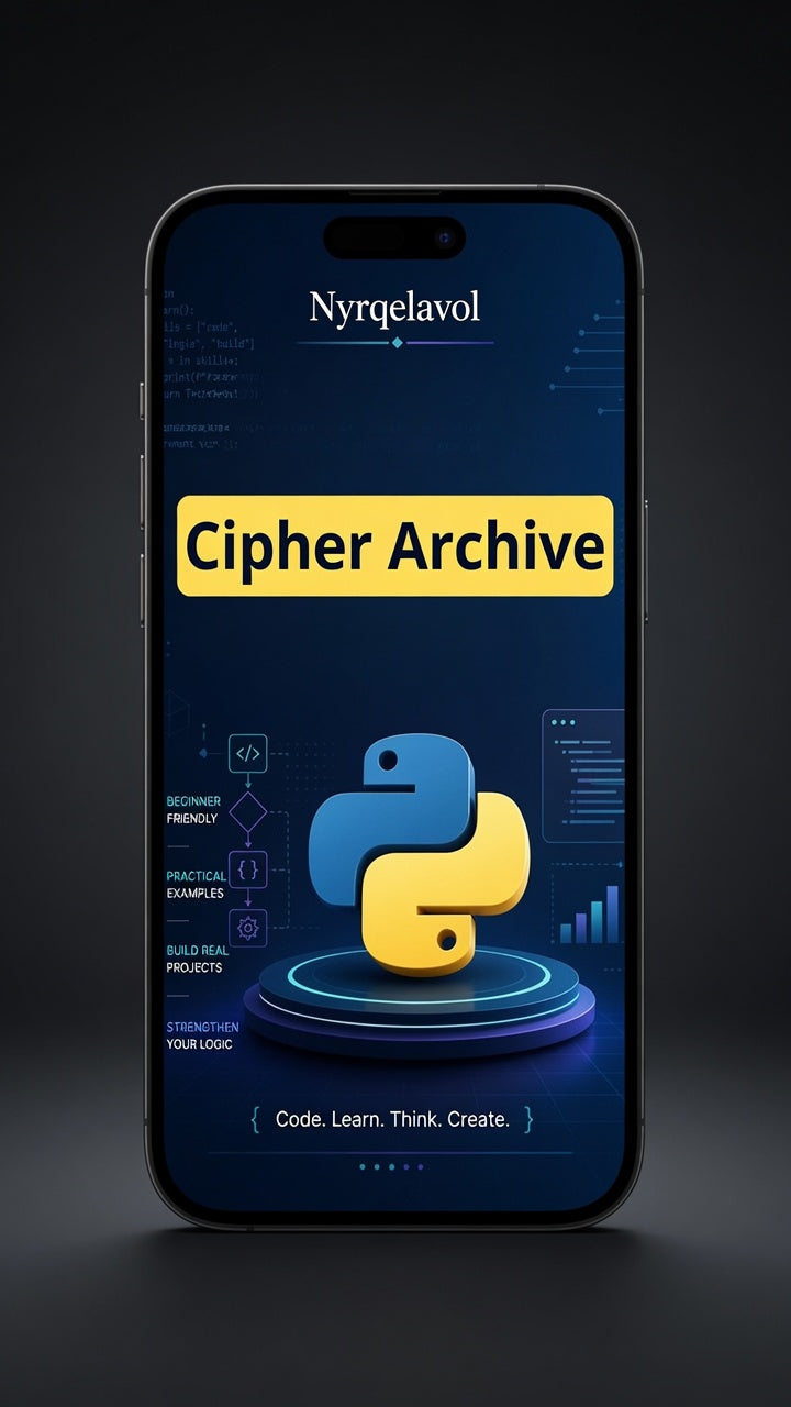 A smartphone centered on a dark studio background, displaying a digital app-style graphic with the text 'Nyrqelavol' at the top, a large yellow banner reading 'Cipher Archive,' and a blue-and-yellow Python logo on the screen.