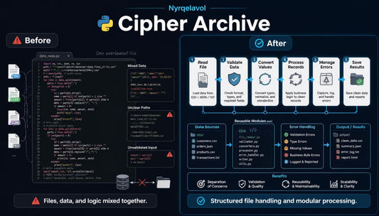 A dark-themed infographic titled 'Cypher Archive' comparing a 'Before' Python script with an 'After' modular, structured workflow. The left 'Before' section shows a messy, commented-out code snippet with warning icons.