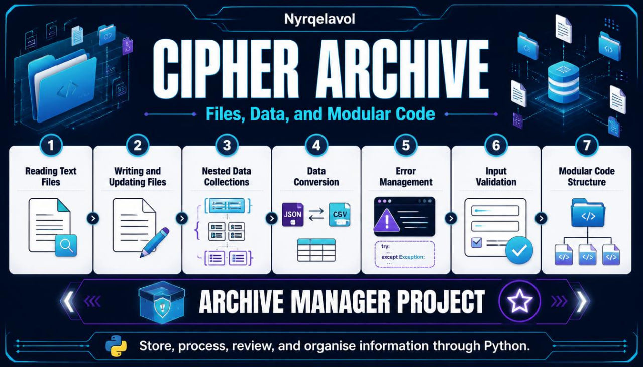 A digital infographic titled 'CIPHER ARCHIVE' with the subtitle 'Files, Data, and Modular Code' and 'ARCHIVE MANAGER PROJECT' at the bottom. The design shows a numbered workflow from 1 to 7 with icons and labels for reading text files, writing and updating files, nested data collections, data conversion, error management, input validation, and modular code structure.