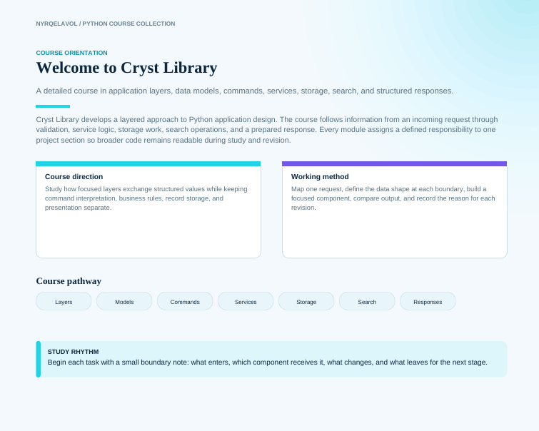 A digital document page titled 'Welcome to Cryst Library' from the 'Yngvelroyd / Python Course Collection', featuring course orientation text, course direction and working method boxes, and a study rhythm section on a light blue background.