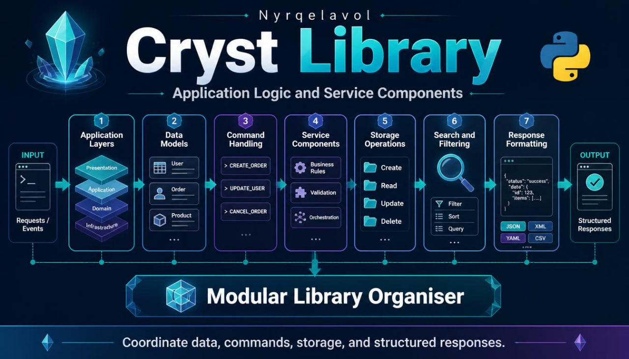 Promotional graphic for Cryst Library, a modular software library organizer. The design features a dark navy blue background with a central horizontal flowchart illustrating seven steps: Input, Application Layers, Data Models, Command Handling, Service Components, Storage Operations, Search and Filtering, Response Formatting, and Output.