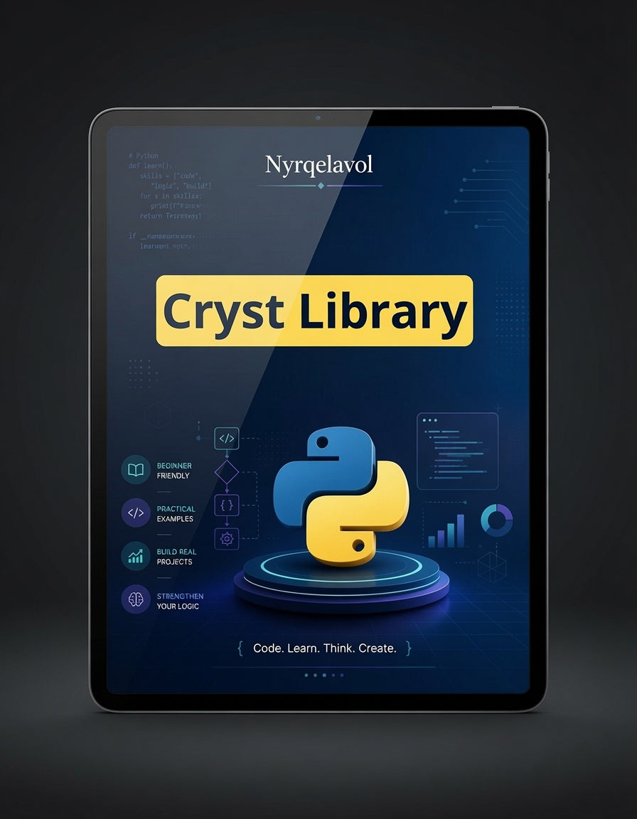 A tablet device displaying a digital cover for 'Cryst Library' by Nyrqelavol, featuring a stylized blue and yellow Python logo on a dark background.