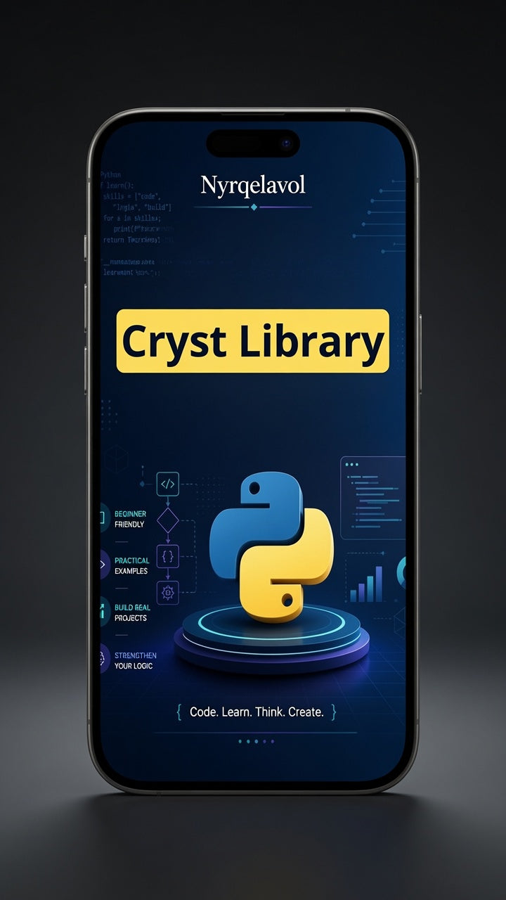 A smartphone centered on a dark studio background, displaying a digital interface with the text 'Nyrqelavol' and 'Cryst Library' above a stylized blue and yellow Python logo.