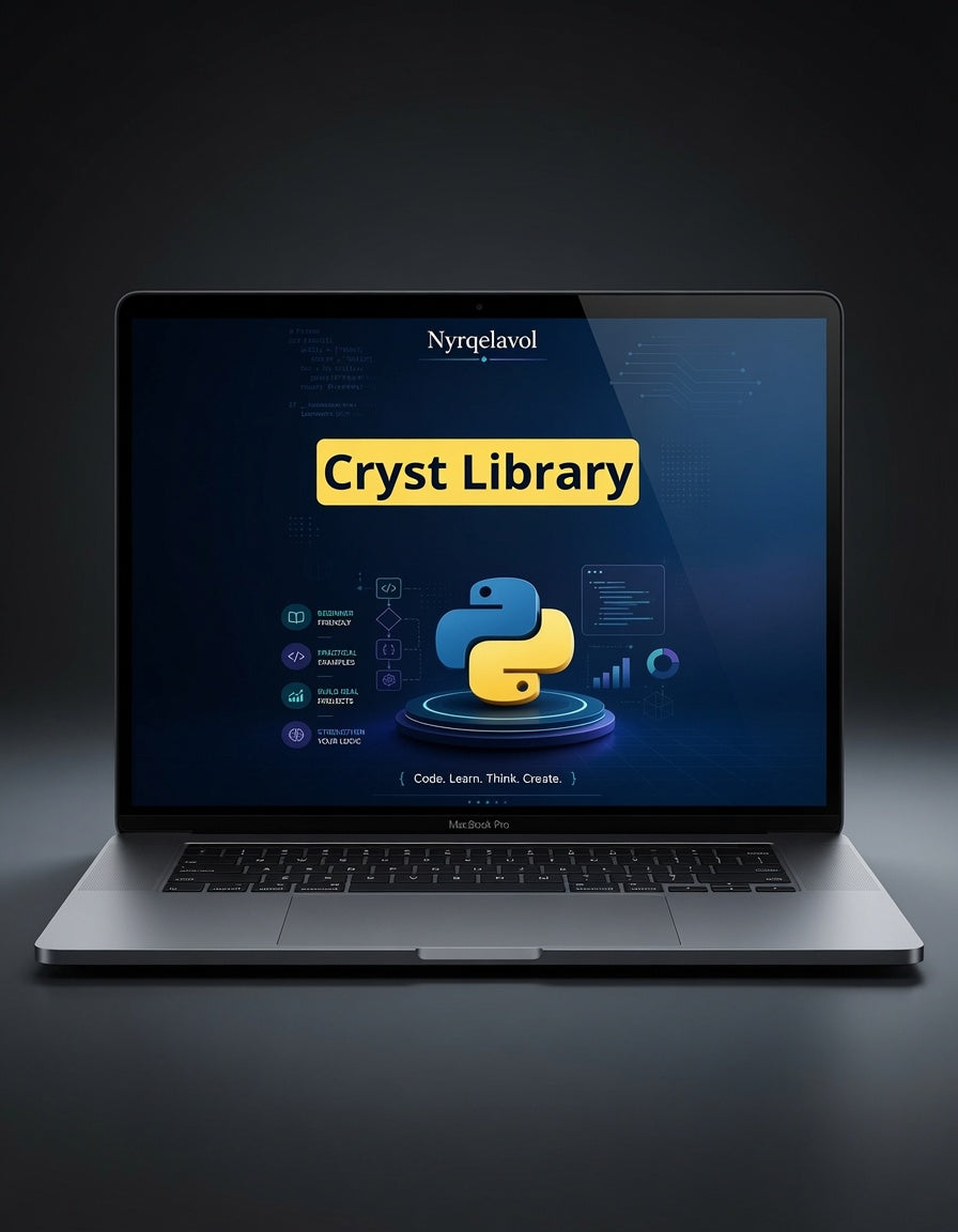 An open silver laptop on a dark studio background, displaying a software interface with the text 'Nyqelavol' and 'Cryst Library' alongside a blue and yellow Python logo.