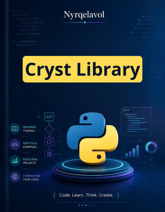A digital book cover for 'Cryst Library' by Nyrqelavol, featuring a dark blue background with a yellow title banner and a stylized blue and yellow Python logo in the center.