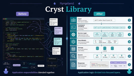 A promotional graphic for Cryst Library by Nyrelavol, showing a software architecture comparison labeled 'Before' and 'After' on a dark navy background. The left side displays a dense block of code with abstract network-like lines, while the right side shows a clean, layered application workflow diagram with boxes and icons.