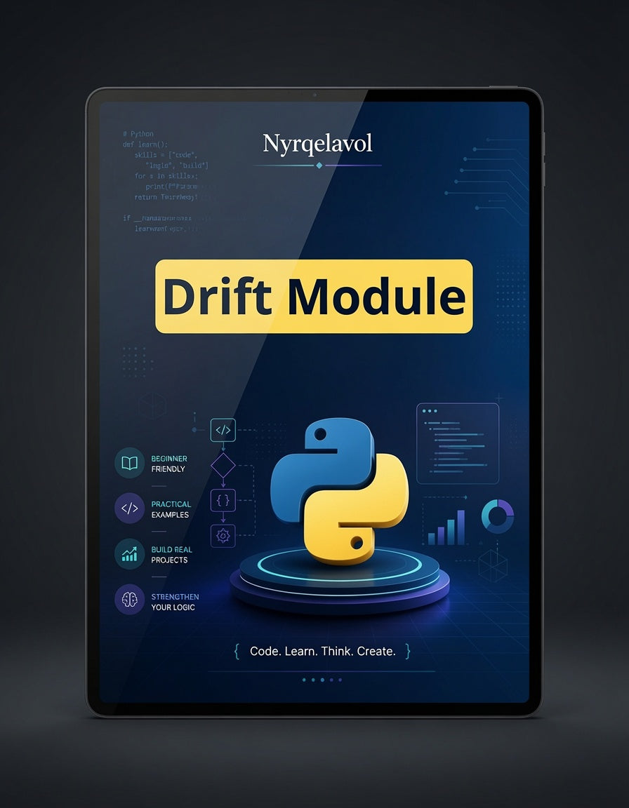 A tablet device displaying a digital course or module cover titled 'Drift Module' with the Nyrqelavol name at the top and a large Python logo in the center, shown against a dark studio background.