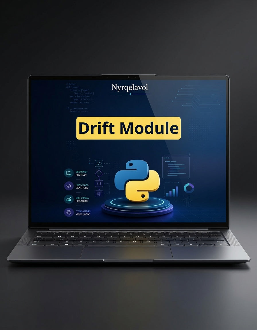 A dark gray laptop on a black surface displaying a digital course or module interface titled 'Drift Module' with the Nyrqelavol name at the top and a blue-and-yellow Python logo on the screen.