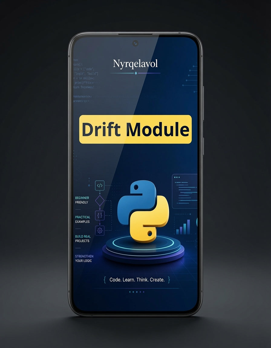 A smartphone centered on a dark studio background, displaying a digital course or module interface titled 'Drift Module' with the Nyrqelavol name at the top and a blue-and-yellow Python logo on the screen.