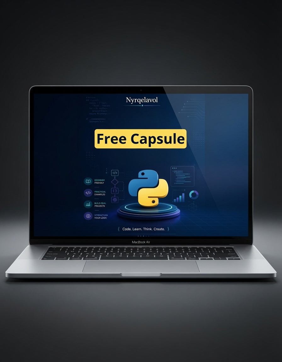 A silver MacBook Air laptop open on a dark studio background, displaying a software interface on screen with the text 'Free Capsule' and the Python logo. The brand name 'Nyrqelavol' is visible at the top of the screen.