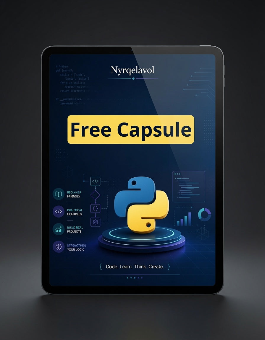 A tablet device displaying a digital course or guide titled 'Free Capsule' by Nyrqelavol, featuring a Python logo on a dark blue interface against a dark studio background.