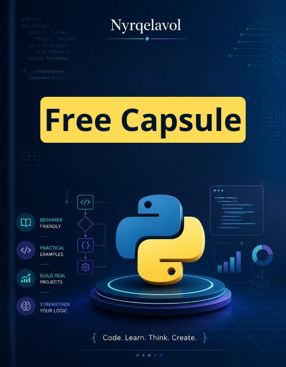 Promotional graphic for a Python programming course or bundle titled 'Free Capsule' by Nyrqelavol. The design features a dark blue background with digital code elements, a yellow banner, and a 3D Python logo in blue and yellow on a pedestal.