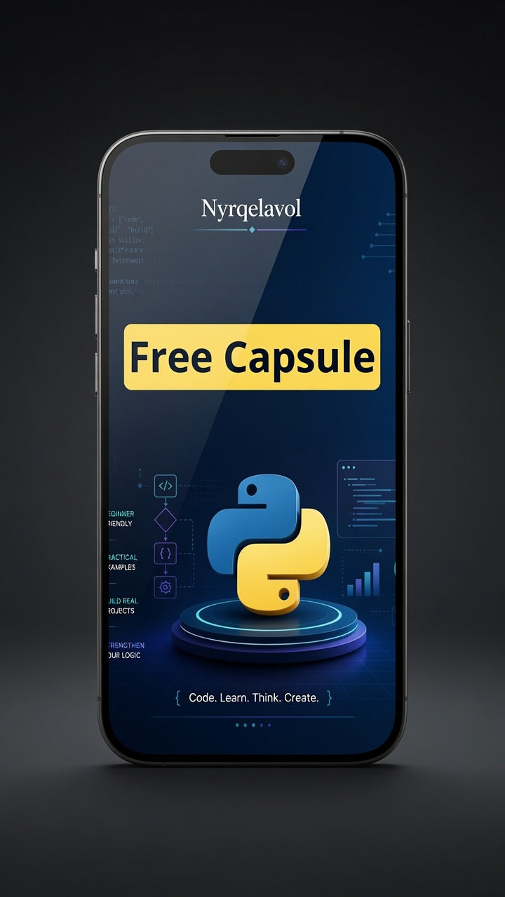 A smartphone centered on a dark studio background, displaying a promotional app-style screen with the text 'Free Capsule' and a blue-and-yellow Python logo. The phone hardware itself is black, and no clear product brand is visible on the device.