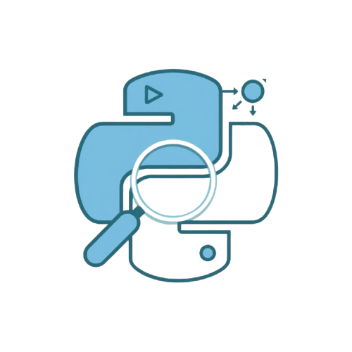 A stylized blue and teal icon resembling a software or code symbol with a magnifying glass, on a plain white background.