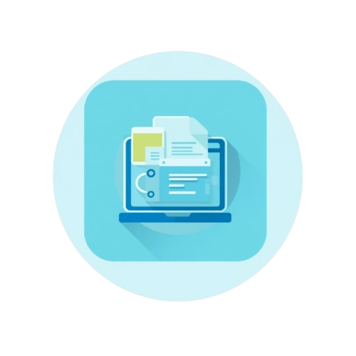 A flat vector icon of a laptop with documents on screen, centered inside a light blue rounded square on a white background.