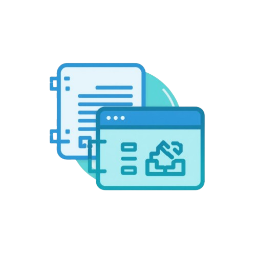 A flat vector icon showing two overlapping document windows in shades of blue and cyan on a white background.