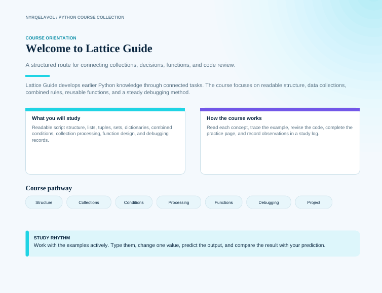 A digital course outline page titled 'Welcome to Lattice Guide' from the 'Nykroelvy / Python Course Collection'. The page features a clean, modern layout with a light blue gradient background, structured sections on course orientation, course pathway (Structure, Collections, Conditions, Processing, Functions, Debugging, Project), and a study rhythm section.