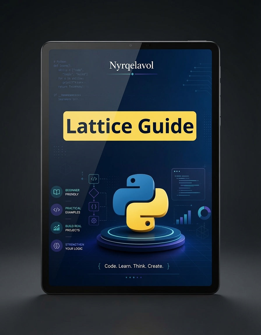 A tablet device displaying a digital guide titled 'Lattice Guide' with the Nyrqelavol name at the top and a large Python logo in the center, shown against a dark studio background.