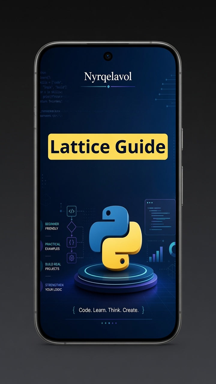 A smartphone centered on a dark background, displaying a digital cover titled 'Lattice Guide' with the Nyrqelavol name at the top and a stylized blue and yellow Python logo on the screen.