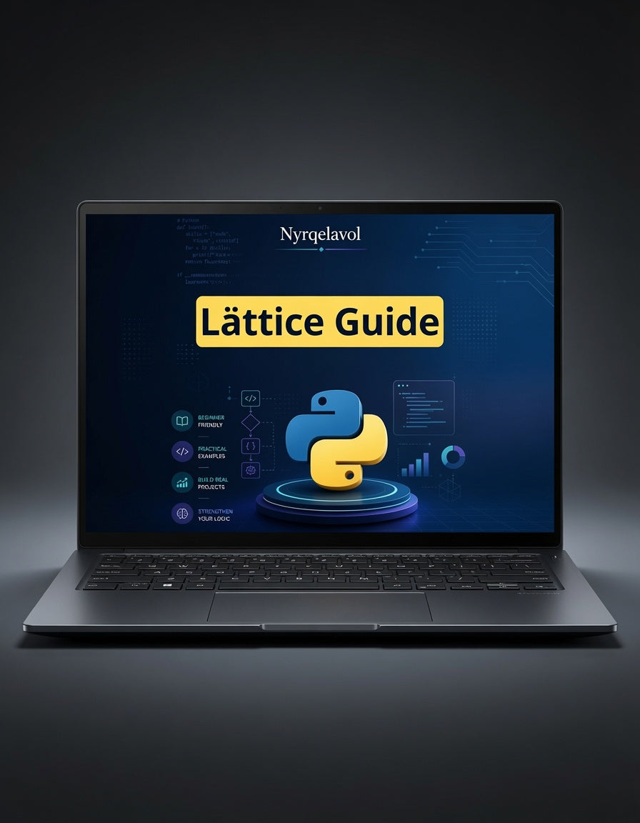 A dark gray laptop open on a black background, displaying a digital course cover titled 'Nyqelavel Lättice Guide' with a blue and yellow Python logo on the screen.