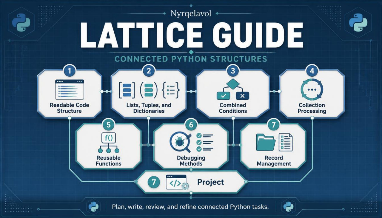 An infographic titled 'LATTICE GUIDE' by Nyrqelvol, showing a step-by-step flow for connected Python structures on a dark blue background. The diagram includes numbered steps from 1 to 7 with icons and labels for readable code structure, lists/tuples/dictionaries, combined conditions, collection processing, reusable functions, debugging methods, record management, and project integration.