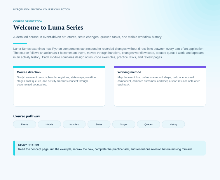 A digital course outline page titled 'Welcome to Luma Series' from 'NyleGavel Python Course Collection'. The page features a course orientation section with descriptive text, a course direction section with two cards, a course pathway section with round buttons, and a study rhythm section with a highlighted text box.