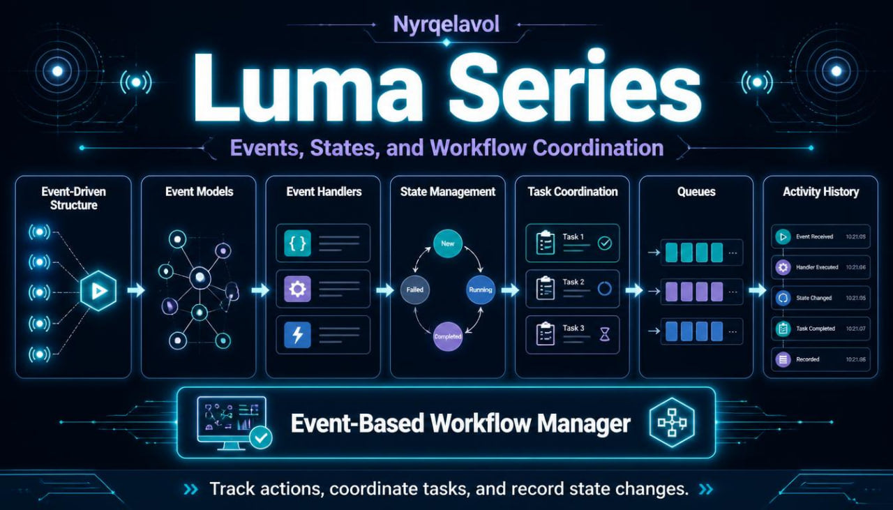 A dark blue digital infographic titled 'Luma Series' with glowing cyan interface panels showing workflow coordination concepts such as event-driven structure, event models, event handlers, state management, task coordination, queues, and activity history. The text 'Nyrqelavol' appears at the top and 'Event-Based Workflow Manager' is displayed near the bottom.