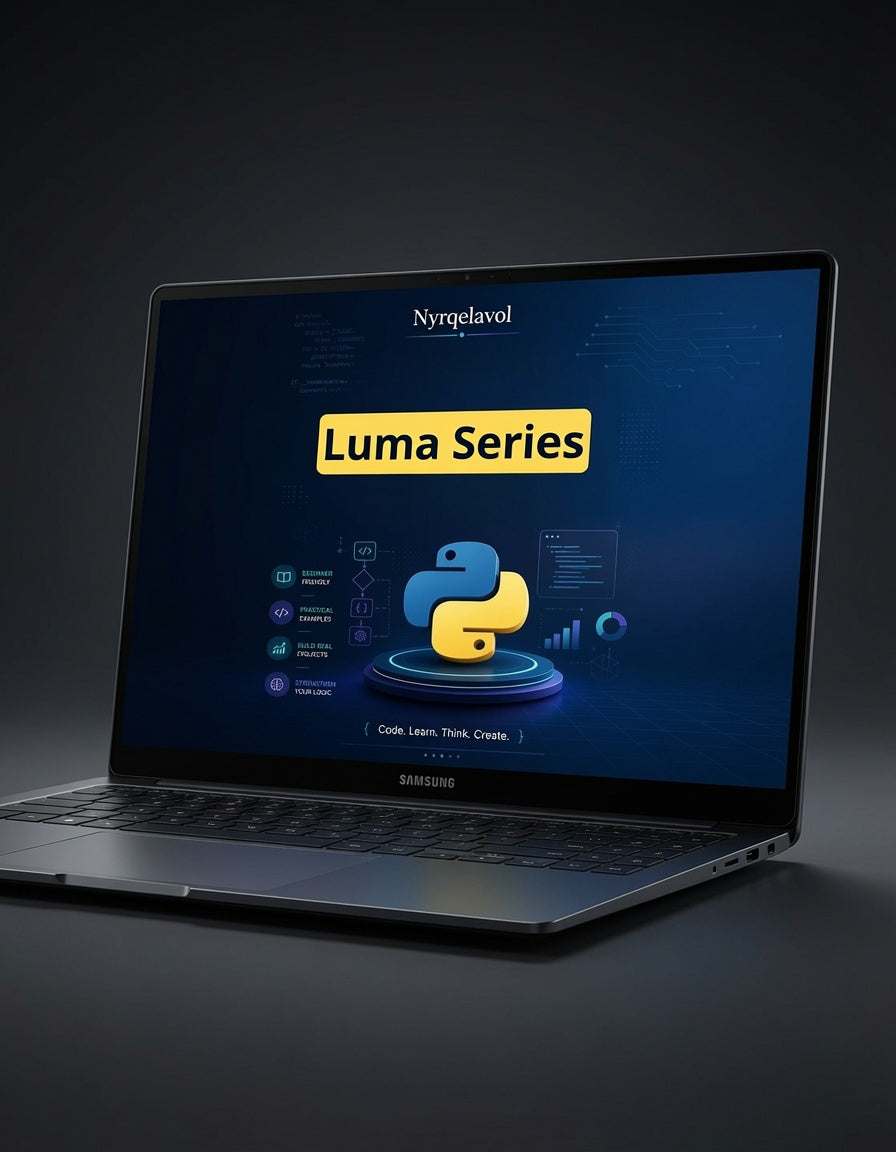 A dark gray Samsung laptop on a dark studio background, displaying a software interface with the text 'Nyrgelavol Luma Series' and the Python logo on the screen.