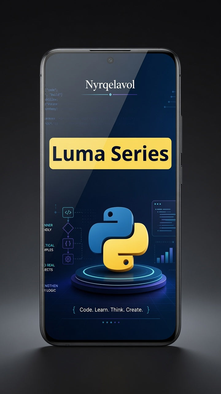A smartphone shown upright against a dark studio background, displaying a software or app interface with the text 'Nyrqelavol' and 'Luma Series' above a blue and yellow Python logo.