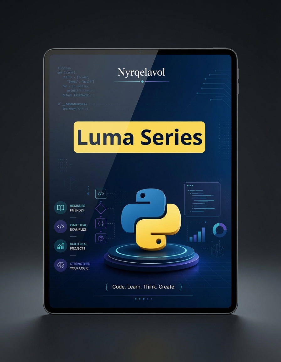 A tablet device on a dark studio background displaying a digital cover for the 'Luma Series' by Nyrqelavol, featuring the Python logo.