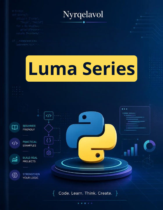 A digital cover graphic for a 'Luma Series' Python programming course by Nyrqelavol, featuring the Python logo on a glowing platform against a dark blue tech-themed background.