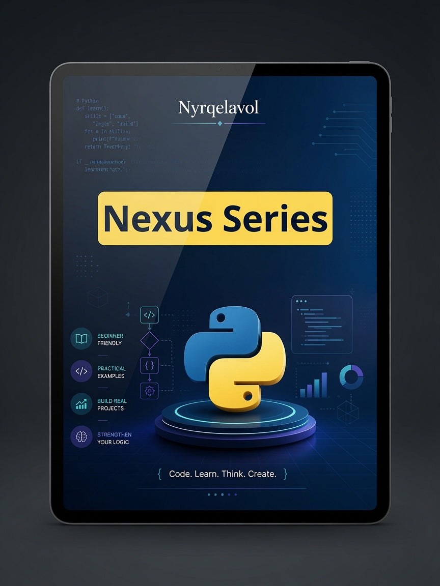 A tablet device displaying a digital cover for 'Nexus Series' by Nyrqelavol, featuring the Python logo on a dark blue background.