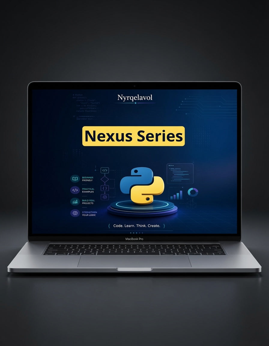 A silver laptop on a dark surface displaying a digital course or software interface titled 'Nexus Series' with the Python logo on screen. The brand name 'Nyrqelavol' is visible at the top of the screen.