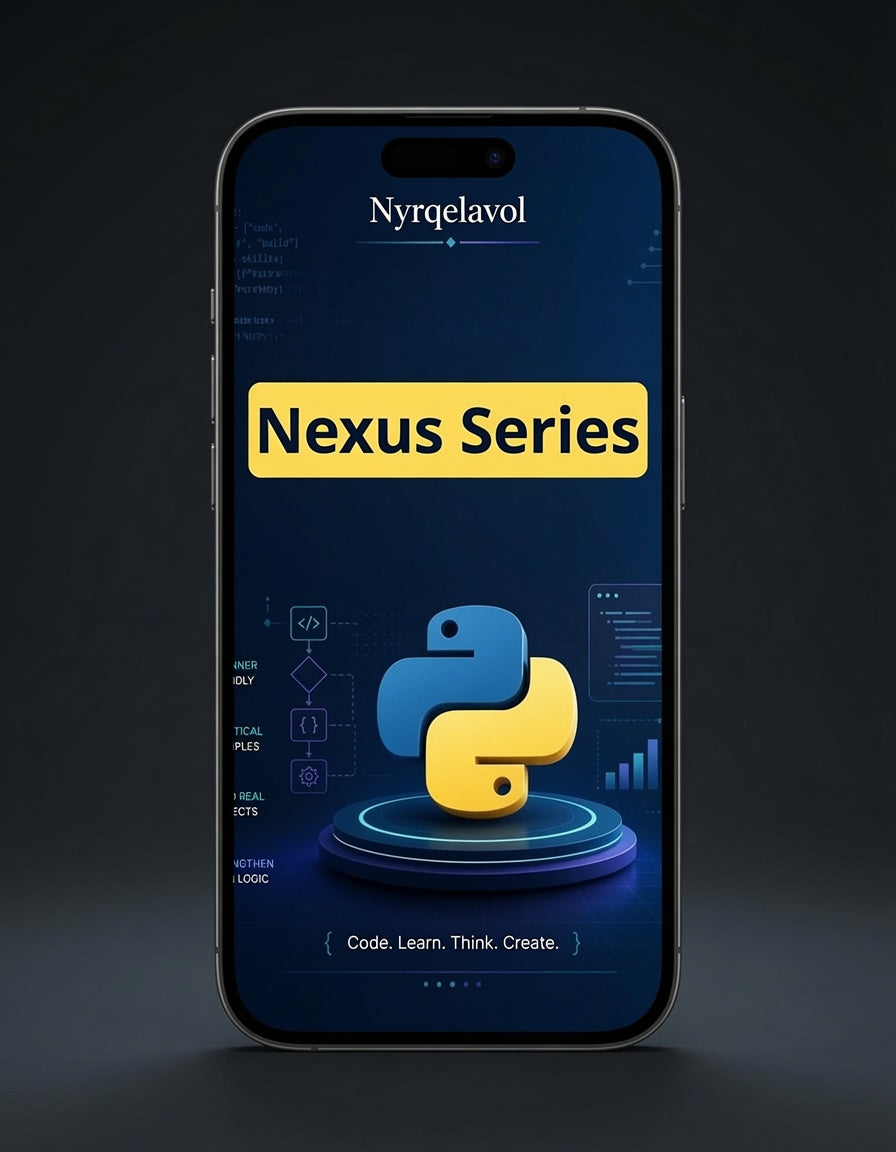 A smartphone centered on a dark studio background, displaying a digital course or app cover for 'Nexus Series' by Nyrqelavol, featuring a blue and yellow Python logo.