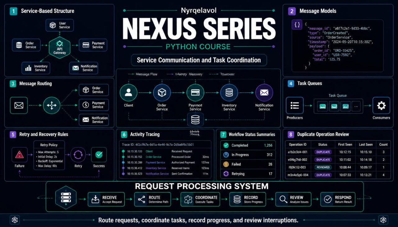 A digital course cover for 'Nexus Series Python Course' by Nyrpelavol, featuring a dark teal and black interface design with various diagrams, icons, and text related to service communication, task coordination, and request processing.