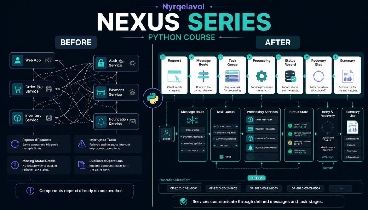 An infographic titled 'Nexus Series Python Course' by Nyrqelavol, comparing a 'Before' state with an 'After' state of software architecture. The 'Before' section shows a web app with loosely coupled components like Web App, Auth & Service, and Payment Service.