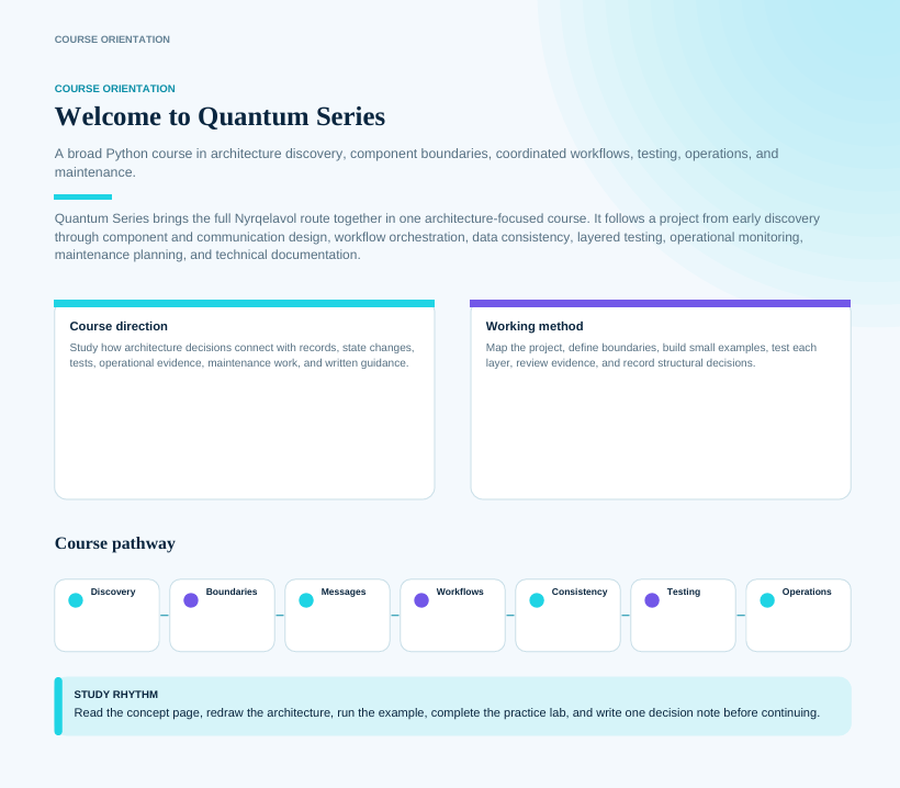 A digital slide or document page titled 'Welcome to Quantum Series' with course orientation text, two white content boxes, and a 'Course pathway' diagram showing teal, purple, and blue icons on a light blue gradient background.
