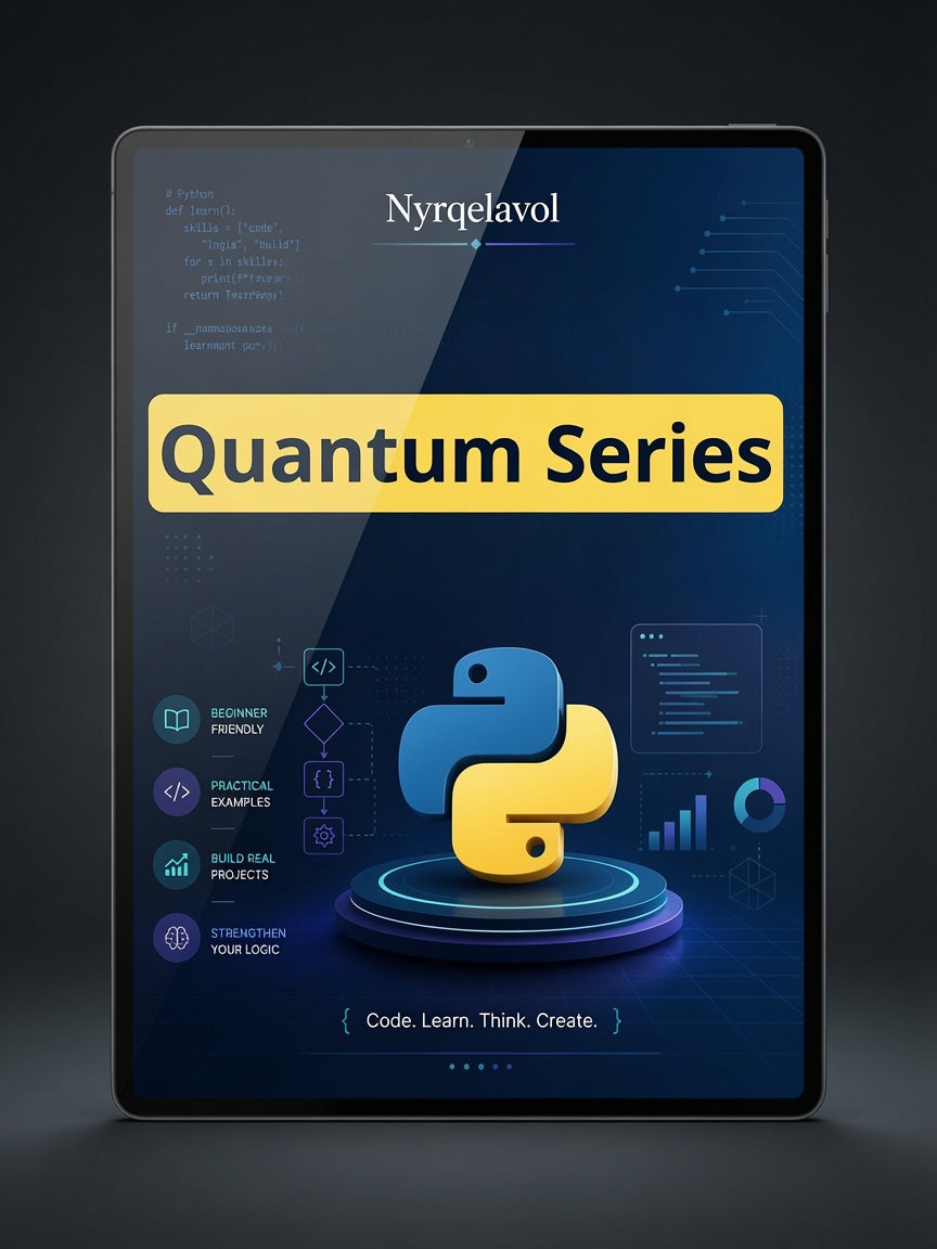 A tablet device displaying a digital cover for 'Quantum Series' by Nyrqelavol, featuring a blue and yellow Python logo on a dark background.