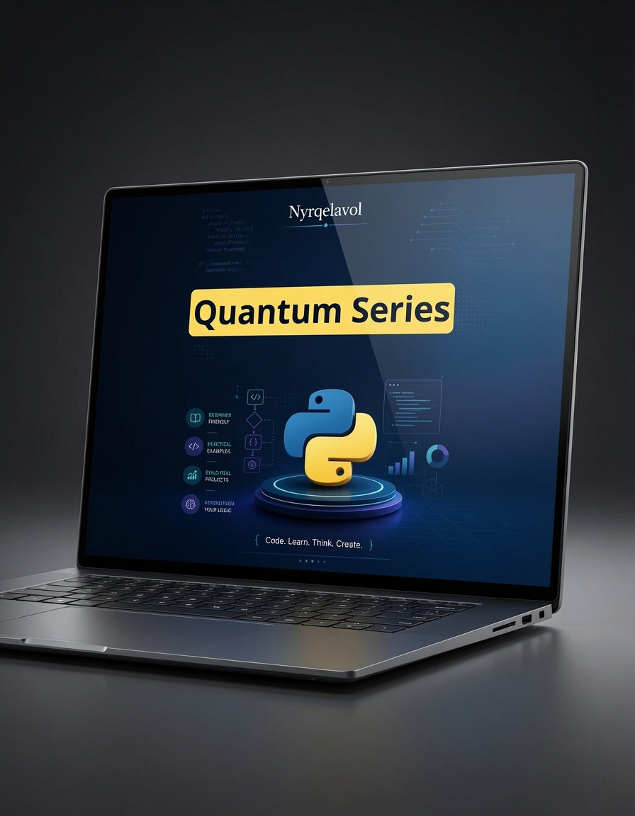 A silver laptop on a dark surface displaying a digital course or software interface titled 'Quantum Series' with the Nyqelavol brand logo and a Python logo on the screen.